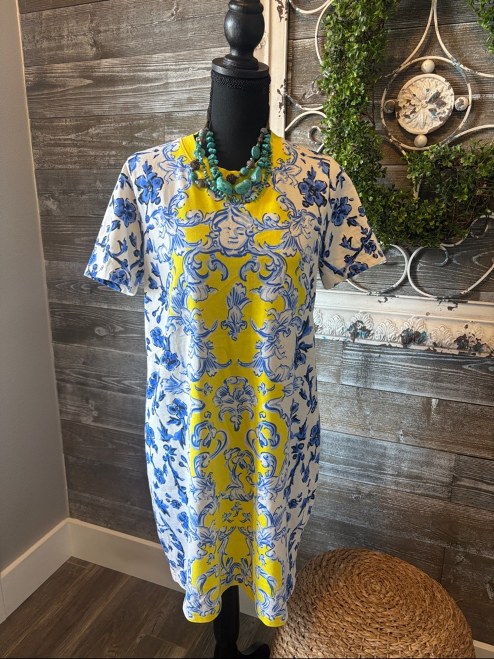 Tori Burch (Size M) NWOT Blue & Yellow Printed Short-Sleeve Shift Dress- Cotton